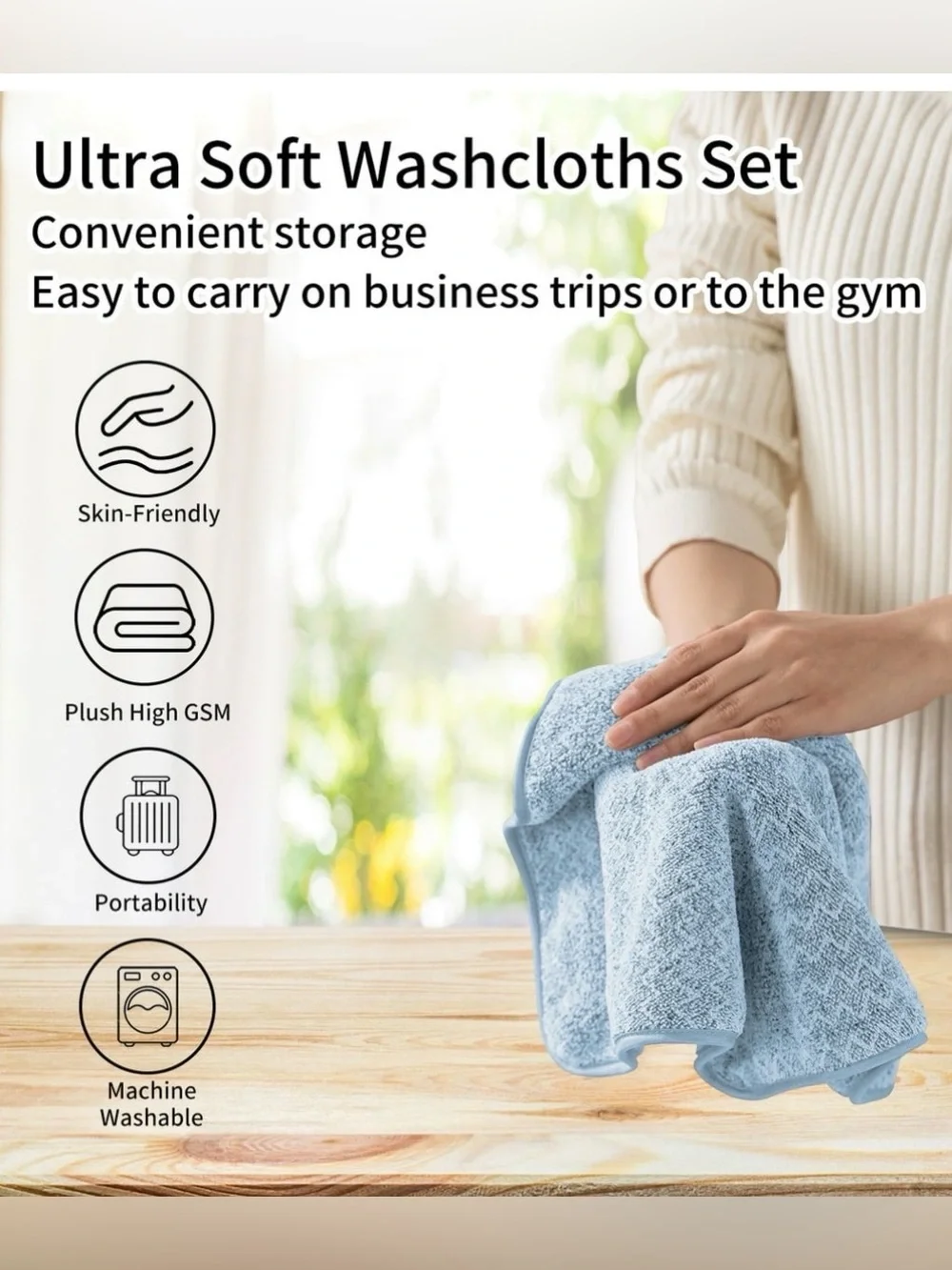 Jessy Microfiber Wash Cloths Light Blue Set of Six Hanging Loops